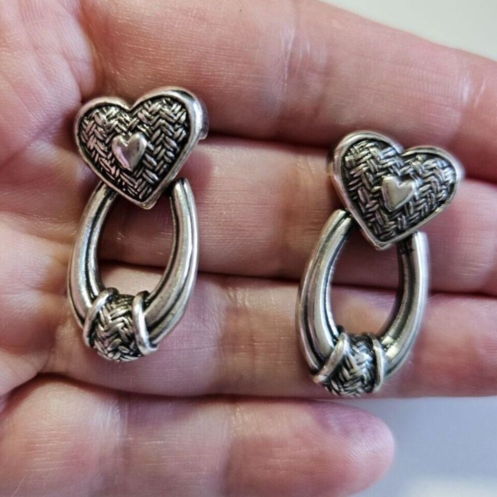 Brighton retired dangling silver plated heart chunky earrings